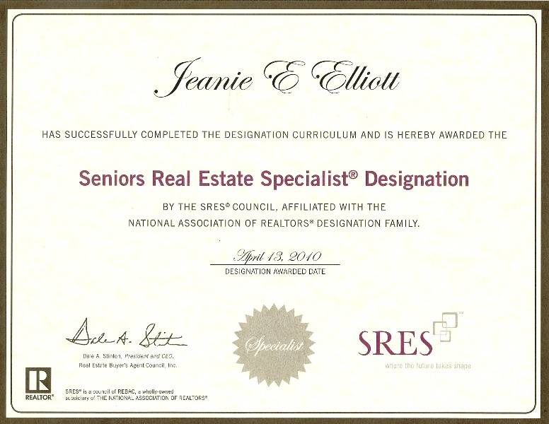 SRES Certificate Awarded To Jeanie Elliott By SRES Council